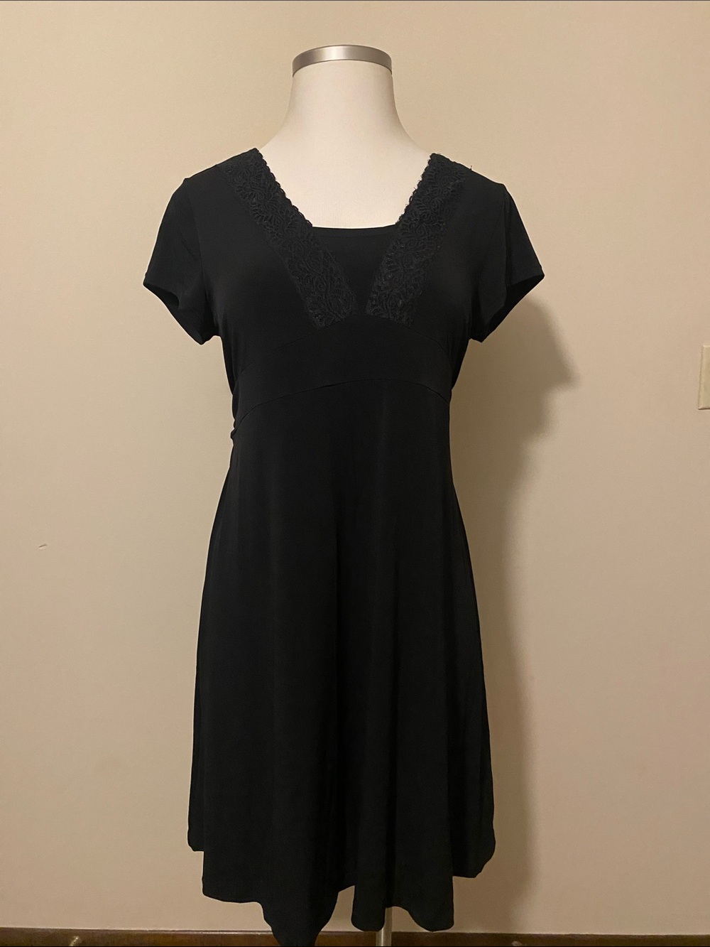 Black Short Sleeve Empire Waist Motherhood Maternity Dress with Lace Trim size L